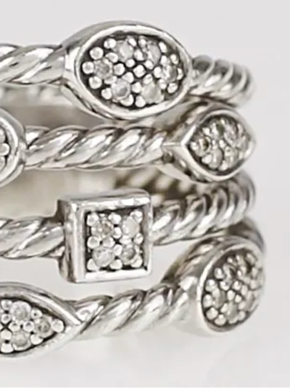 David Yurman Sterling Silver Twisted Rope Pavé Stack Rings - Picture 3 of 5